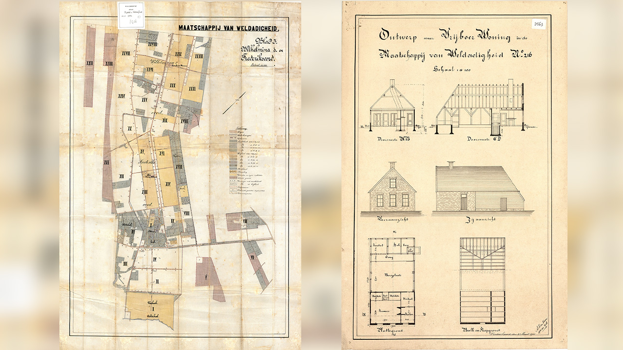 Plattegrond Wilhelminaoord en Frederiksoord ca.1885 Ontwerp woning vrijboer 1901. collectie Drents Archief