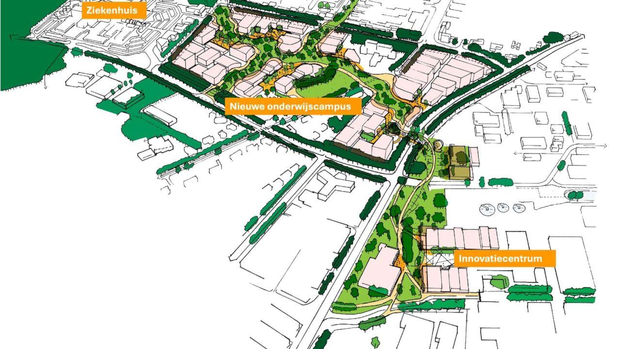Een impressie van de toekomstige Greenwise Campus. Rechtsonder het innovatiecentrum.
